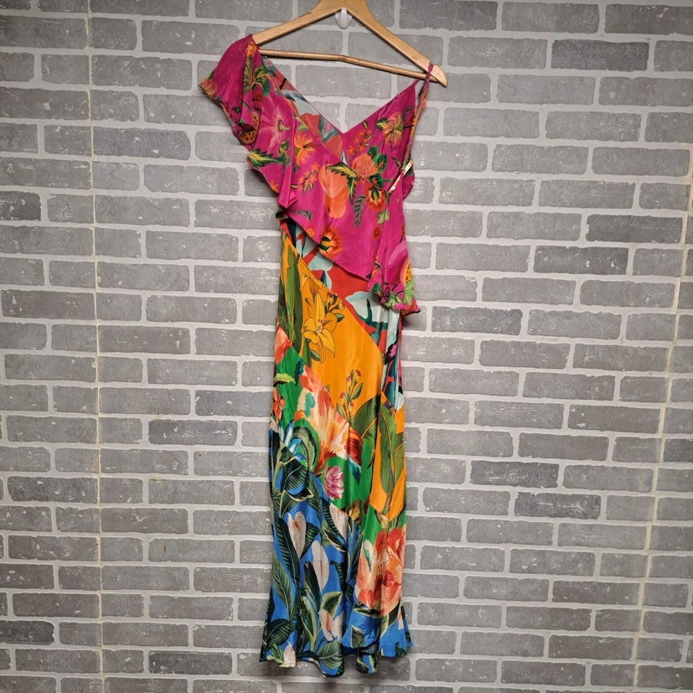 Farm Rio Ruffled Floral Print Satin Crepe De Chine Midi Dress Size Small - Picture 11 of 16
